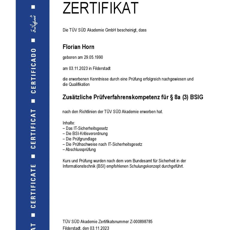Zertifikat der Sicherheitsberatung Florian Horn als zusätzliche Prüfverfahrenskompetenz für § 8a (3) BSIG